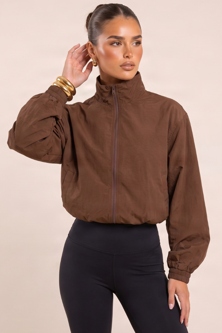 Chocolate Funnel Neck Toggle Hem Shell Track Jacket - Emelda