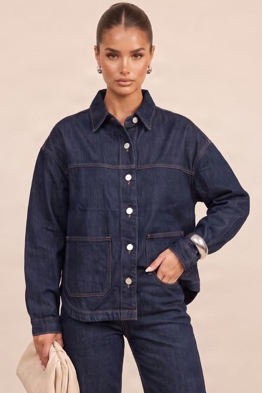 Indigo Contrast Stitch Oversized Denim Shirt - Monique
