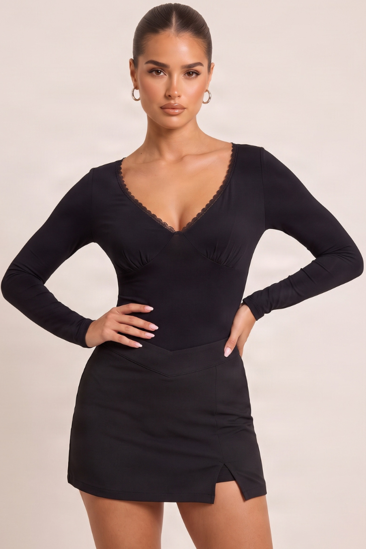 Black V Waist Side Split Skort - Reeta