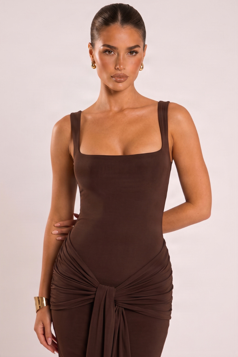 Chocolate Square Neck Tie Front Maxi Dress - Lima