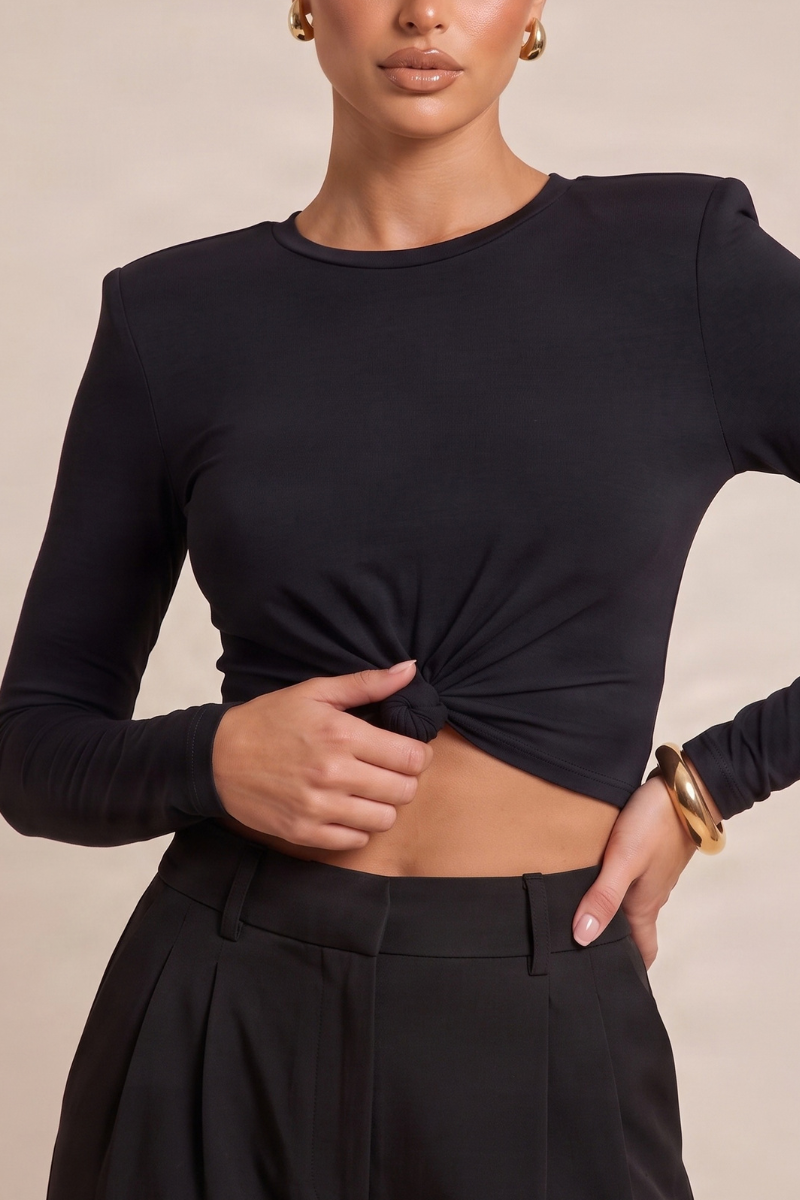 Black Shoulder Pad Knot Front Long Sleeve T-shirt - Jayleen