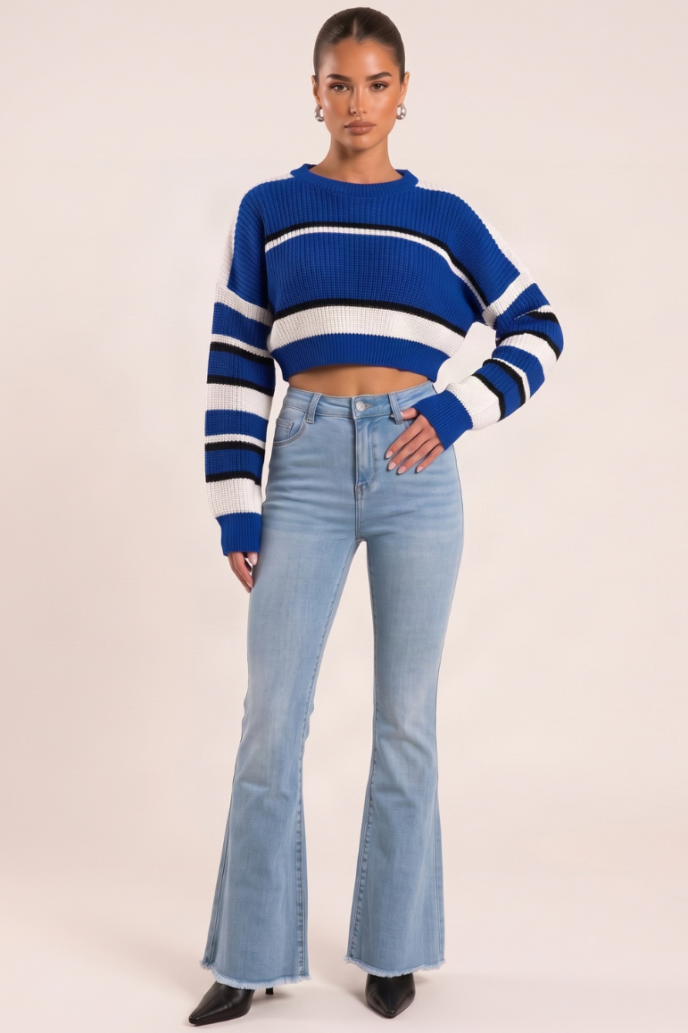 Light Blue Stretch Denim Frayed Hem Flare Leg Jeans - Carys