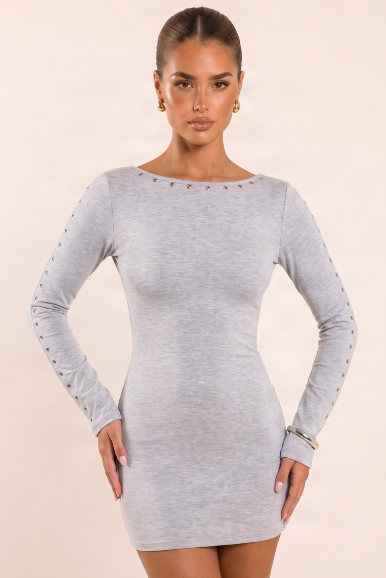 Grey Studded Detail Long Sleeve Mini Dress - Tammie