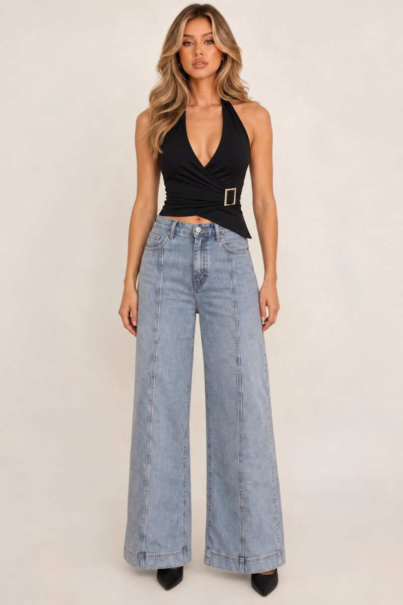 Black Buckle Detail Halter Asymmetric Top - Josey