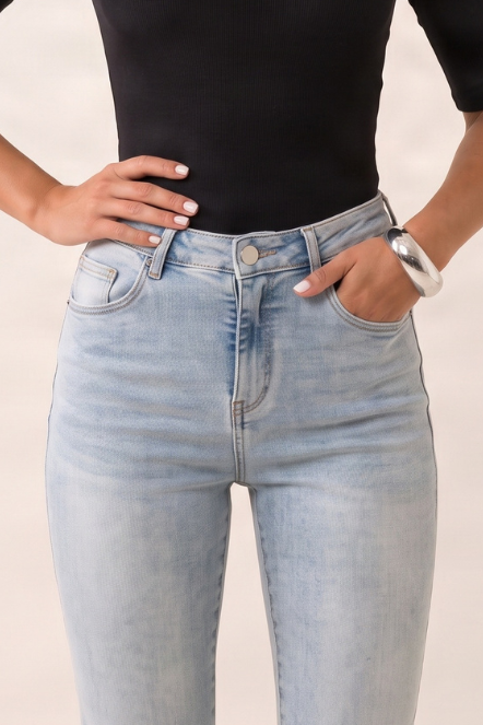 Light Blue Washed Stretch Denim Frayed Hem Flare Leg Jeans - Carys