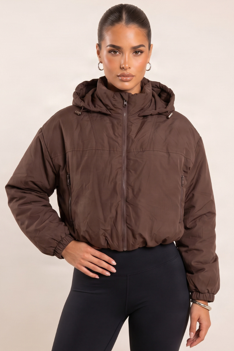 Chocolate Hooded Toggle Cropped Puffer Jacket - Lenny