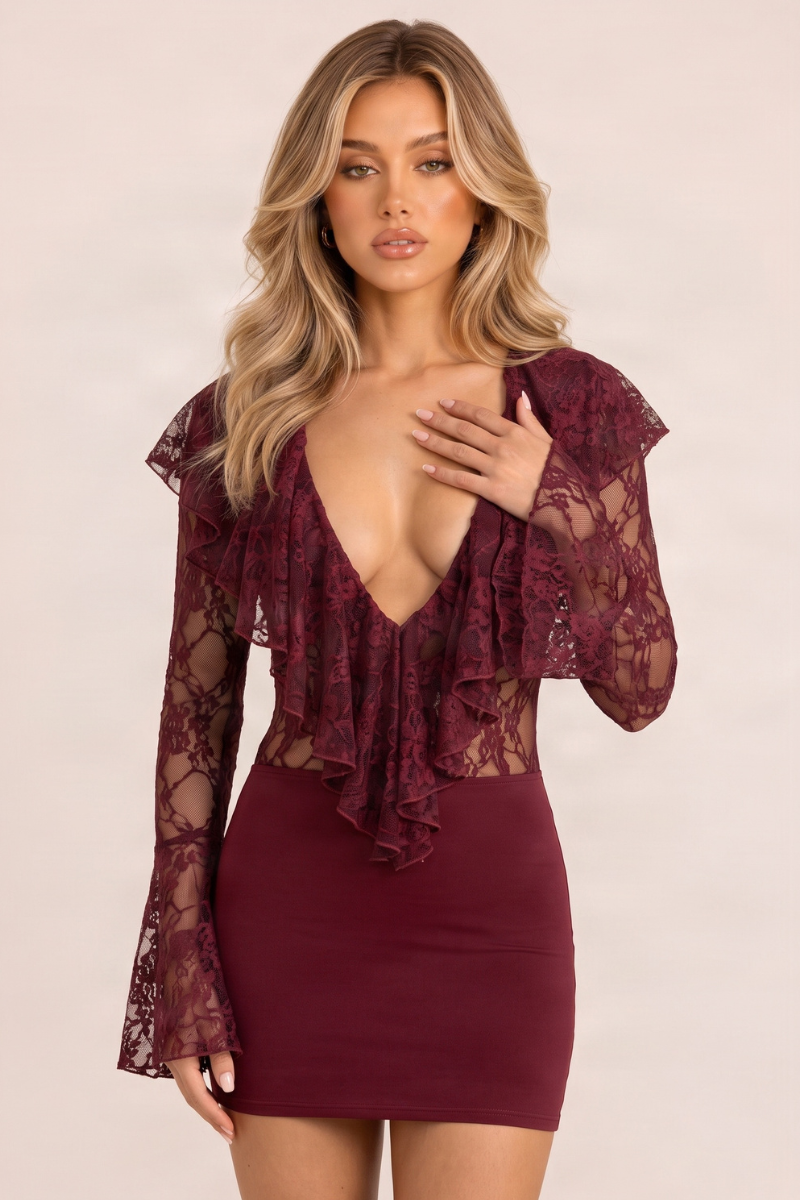 Wine Lace Frill Bodysuit and Skirt Co-ord Set - Suraya