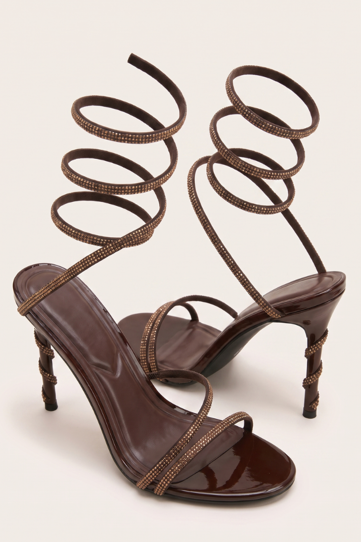 Brown Diamante Detail Wrap Up Strappy Heels - Charlia
