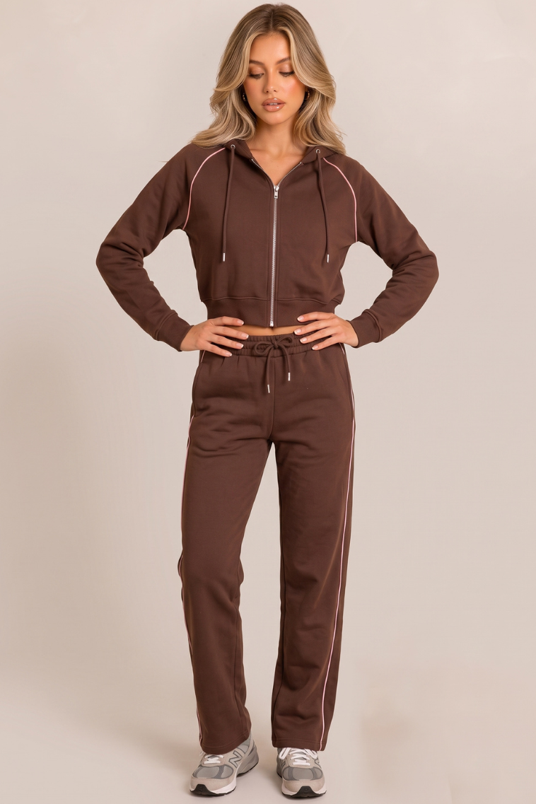 Chocolate Cropped Fit Hoodie And Jogger Loungewear Co-ord Set - Rosamond