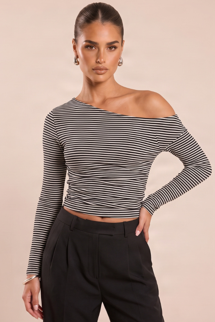 Black Stripe Off Shoulder Long Sleeve Top - Devri