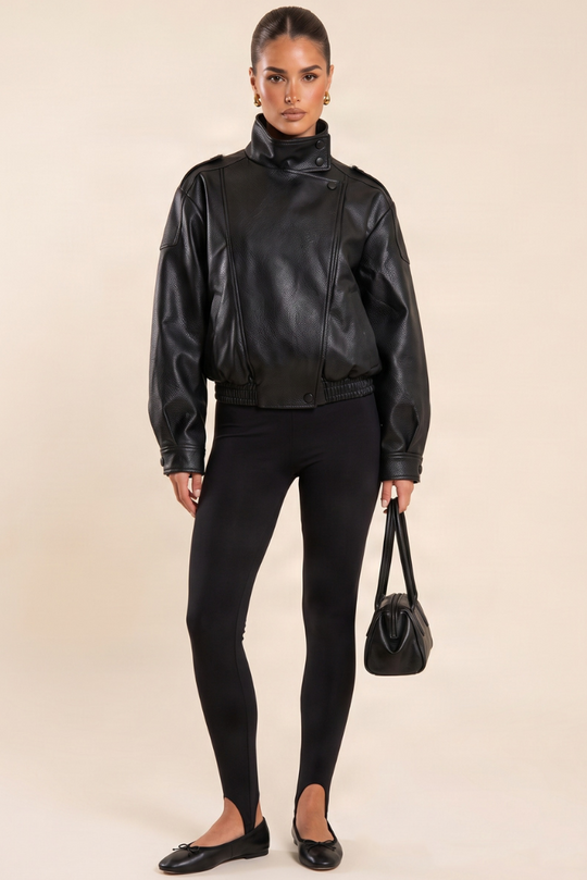 Black Faux Leather Funnel Neck Oversized Bomber Jacket - Deanna