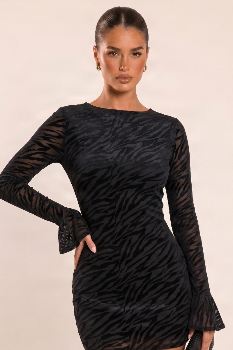 Black Velvet Zebra Devore Flared Sleeve Mini Dress - Frances