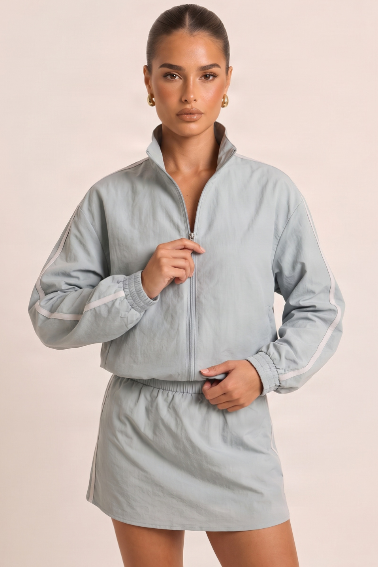 Blue Funnel Neck Side Stripe Shell Track Jacket - Kimsy