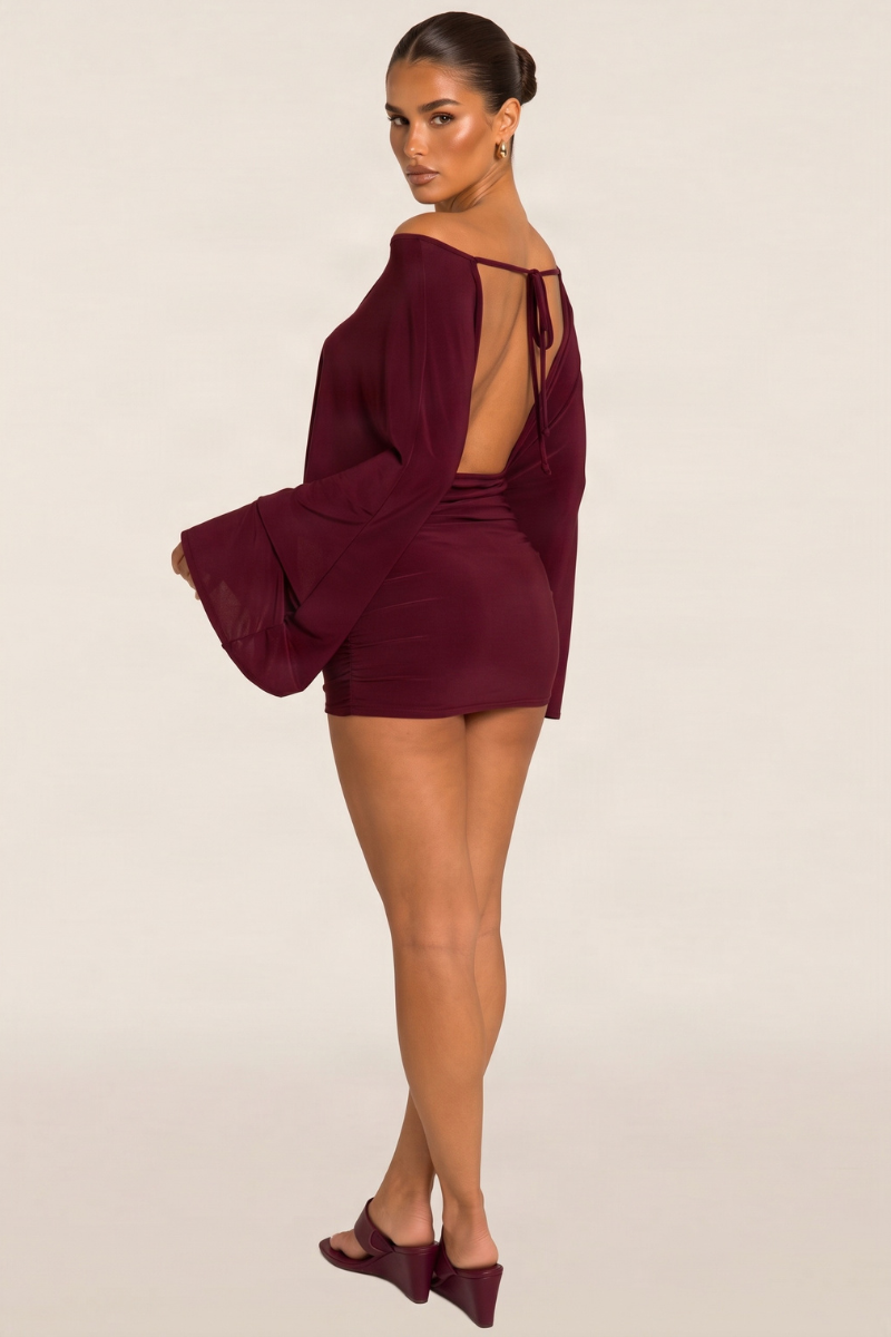 Wine Asymmetric Batwing Mini Dress - Neema