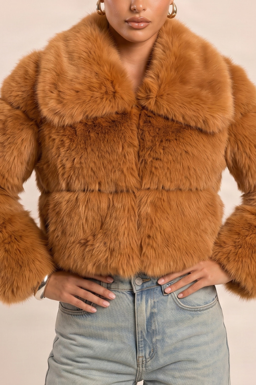 Rust Cropped Collar Faux Fur Coat - Bellah