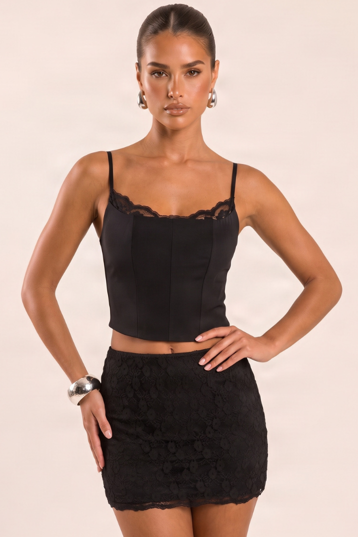 Black Lace Trim Top and Mini Skirt Co-ord Set - Hally