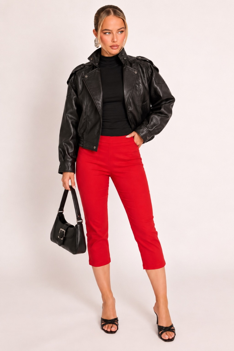 Red Bengaline Split Hem Capri Pants - Jaclyn