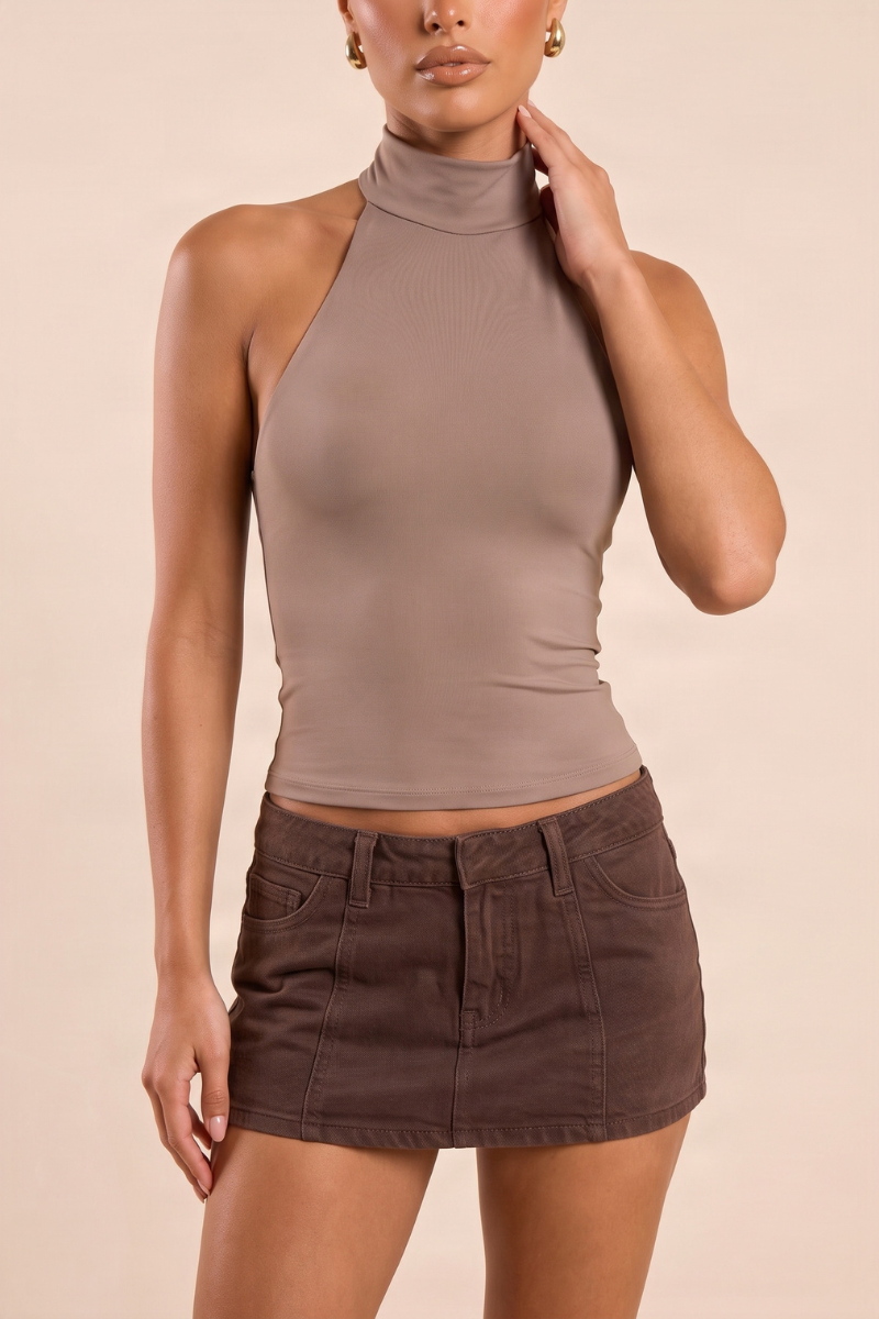 Mocha Slinky High Neck Top - Betsy