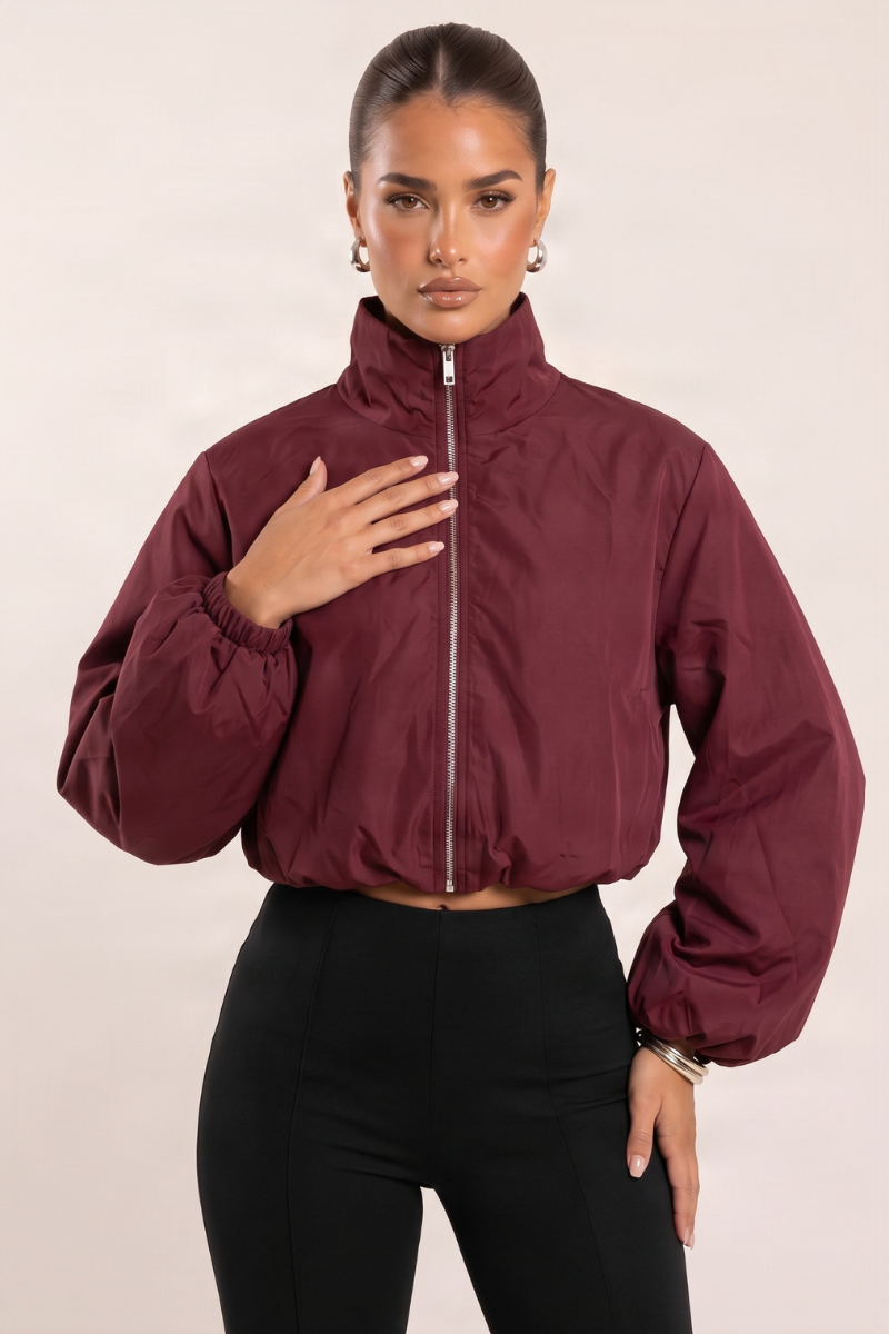 Wine Funnel Neck Zip Up Jacket - Chanda