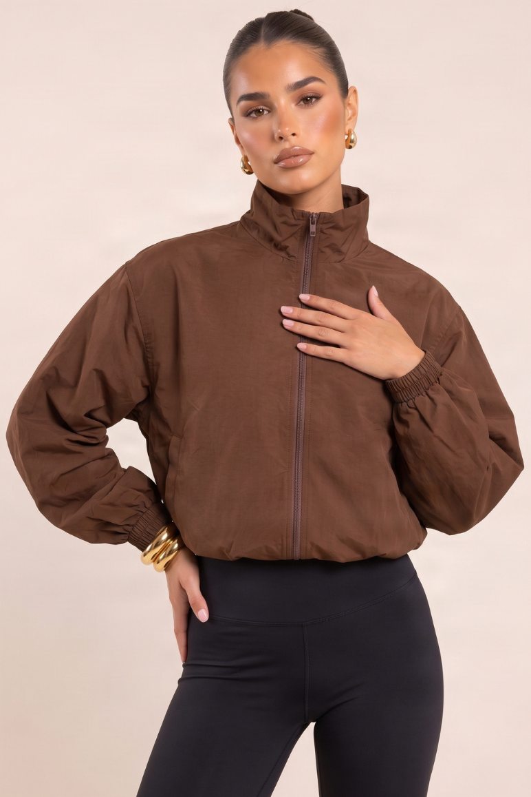 Chocolate Funnel Neck Toggle Hem Shell Track Jacket - Emelda