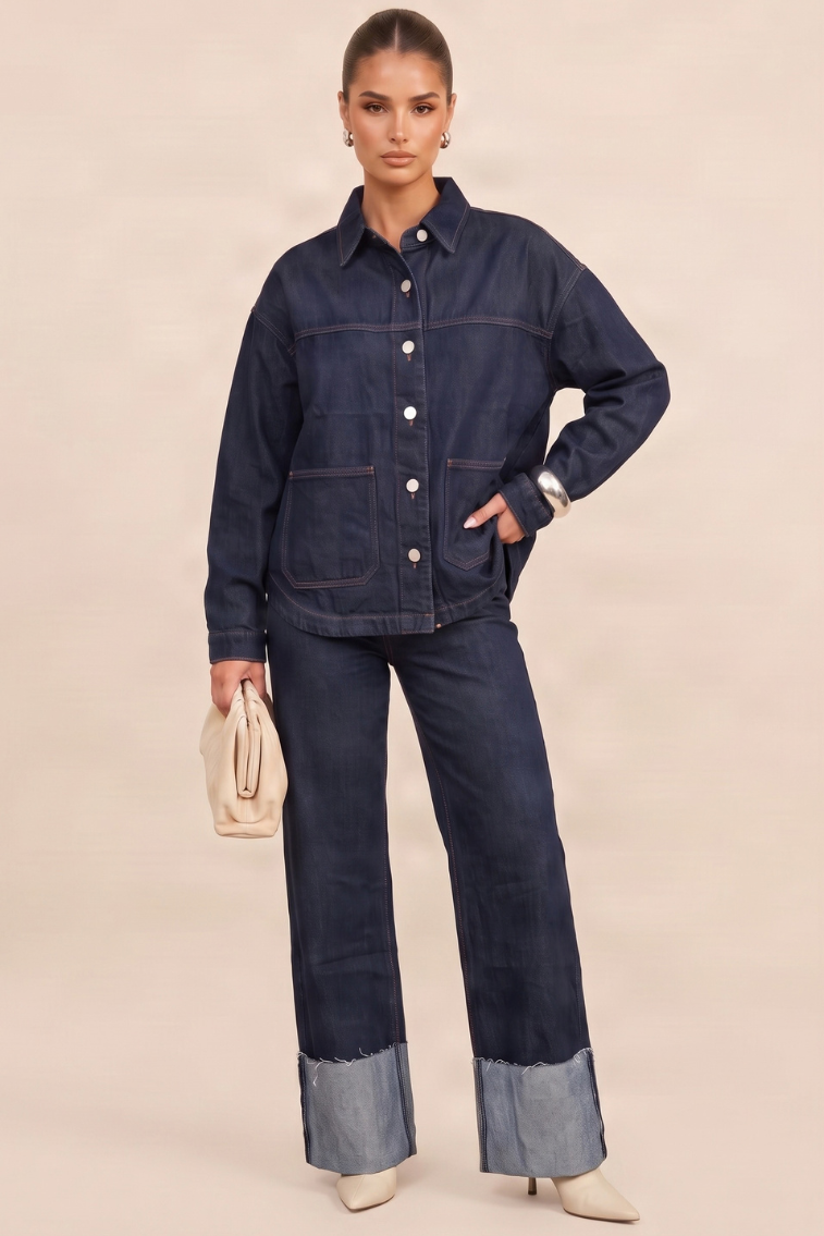Indigo Contrast Stitch Oversized Denim Shirt - Monique