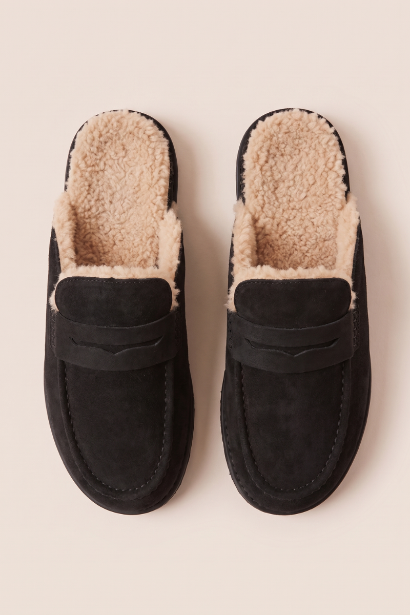 Black Faux Suede Faux Fur Lined Loafer Mules - Brynn