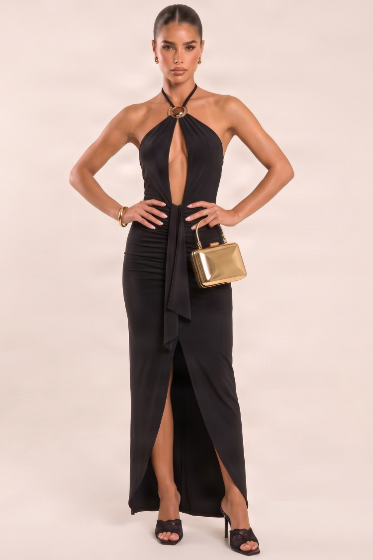 Black Trim Detail Halterneck Split Maxi Dress - Tara