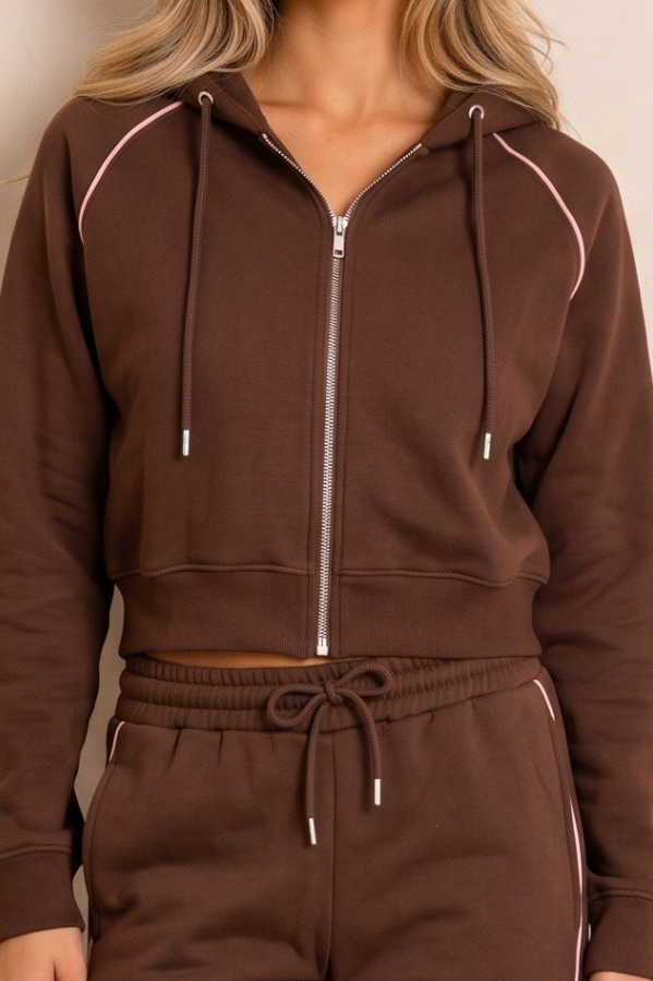 Chocolate Cropped Fit Hoodie And Jogger Loungewear Co-ord Set - Rosamond