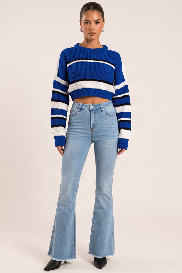 Light Blue Stretch Denim Frayed Hem Flare Leg Jeans - Carys