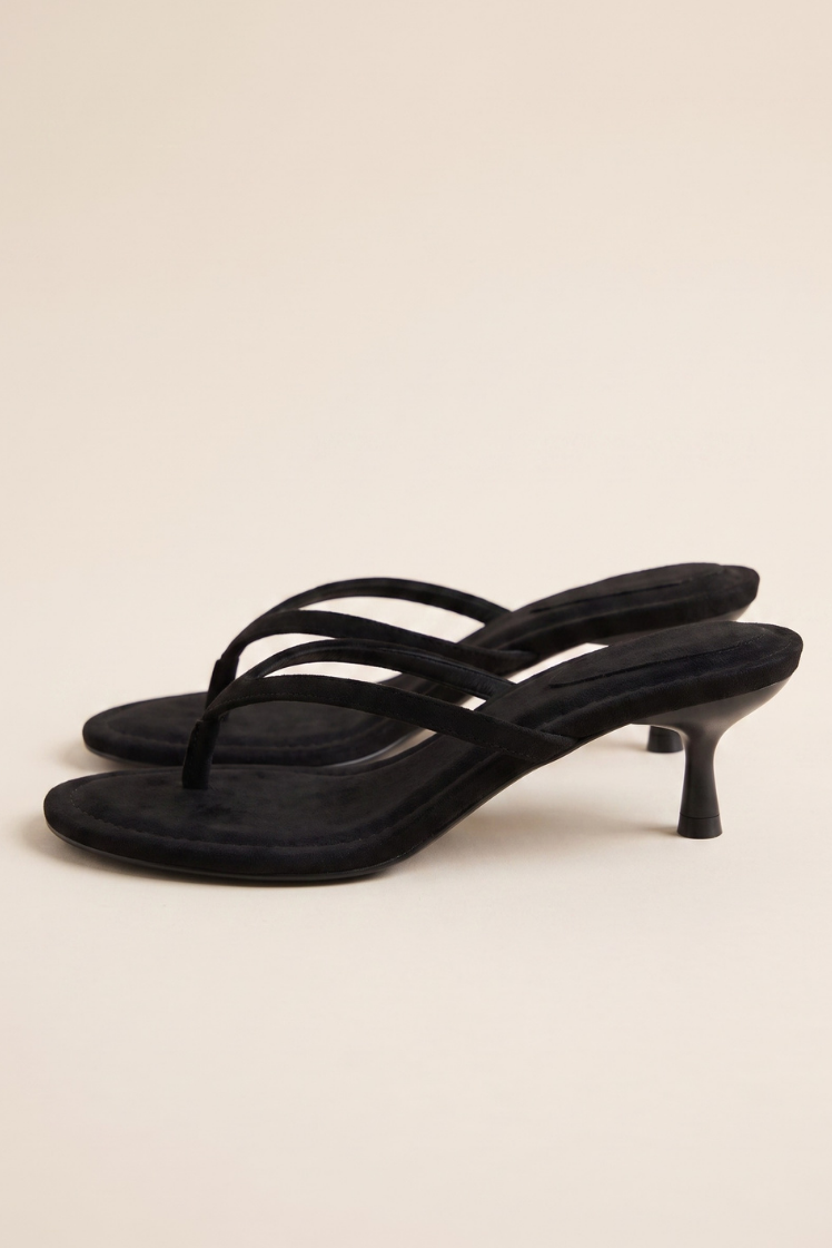 Black Faux Suede Thong Strap Kitten Heel Mule - Waverly