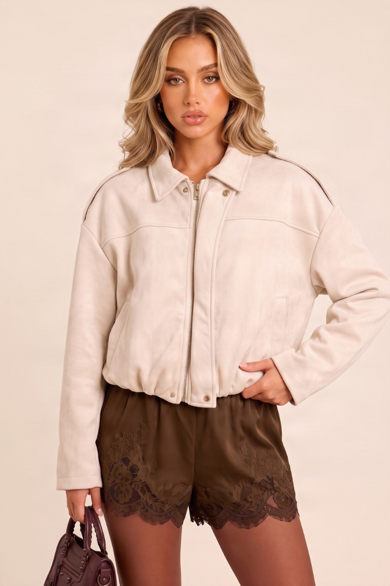 Cream Suede Bomber Jacket - Imane