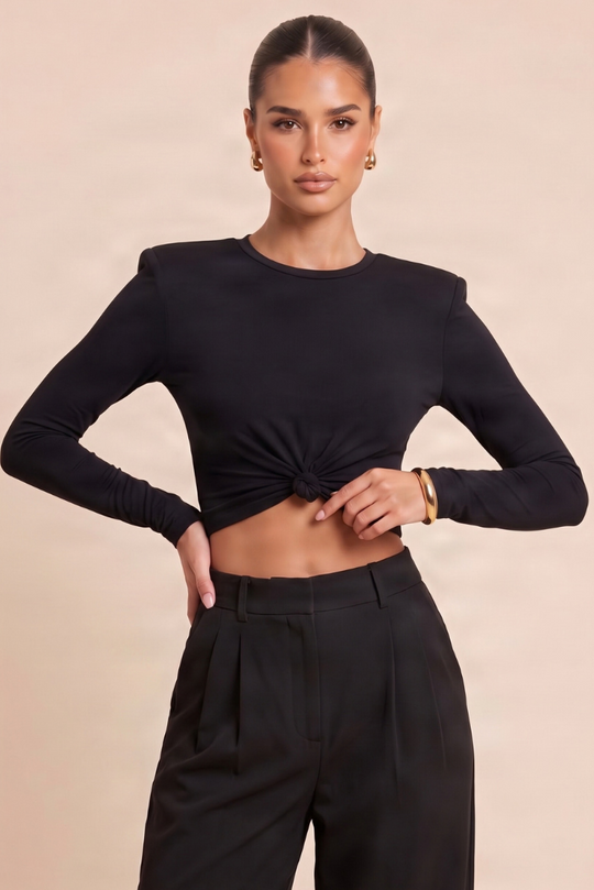 Black Shoulder Pad Knot Front Long Sleeve T-shirt - Jayleen