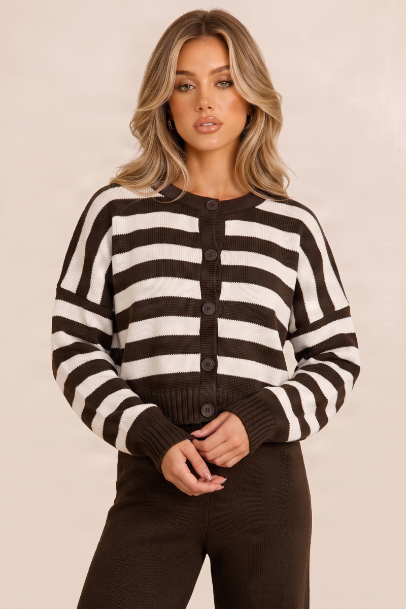 Chocolate Oversized Stripe Cardigan and Jogger Loungewear Co-ord Set - Hayden