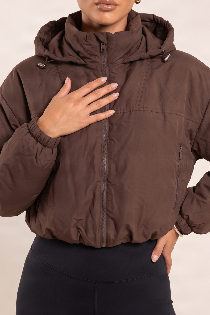 Chocolate Hooded Toggle Cropped Puffer Jacket - Lenny