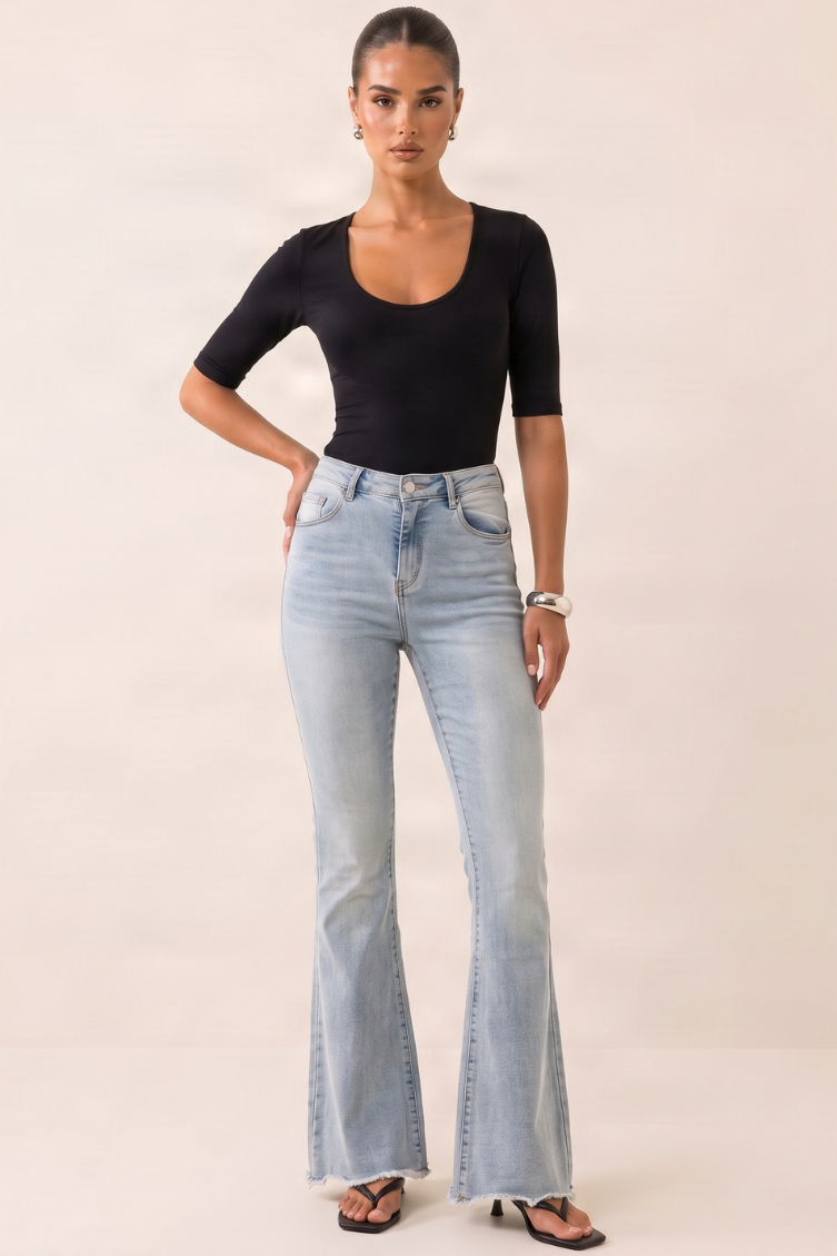 Light Blue Washed Stretch Denim Frayed Hem Flare Leg Jeans - Carys