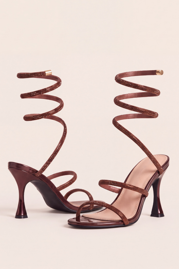 Brown Diamante Detail Wrap Up Strappy Heels - Florida