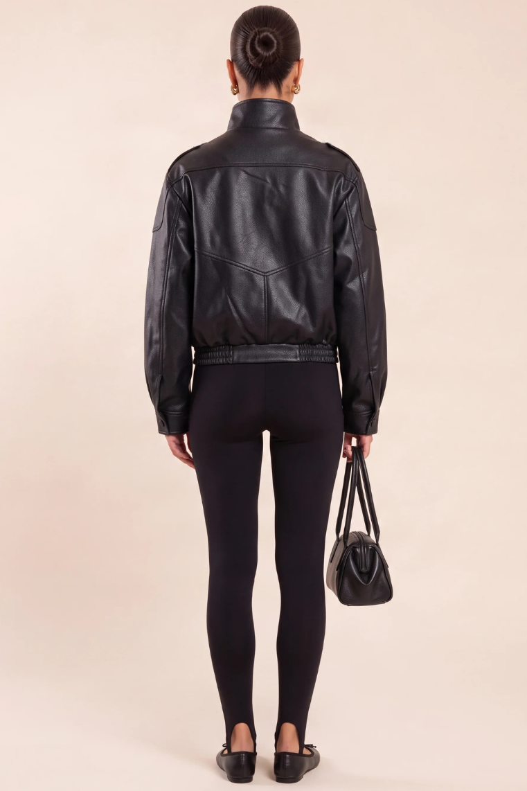 Black Faux Leather Funnel Neck Oversized Bomber Jacket - Deanna
