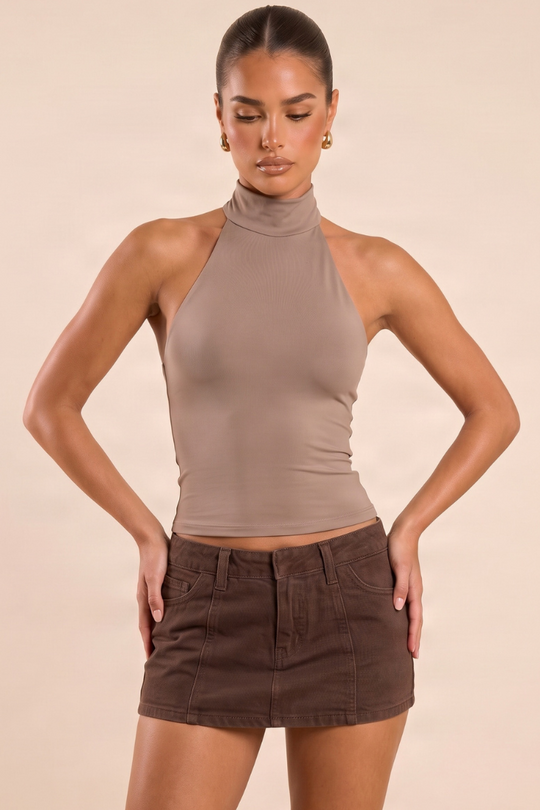 Mocha Slinky High Neck Top - Betsy