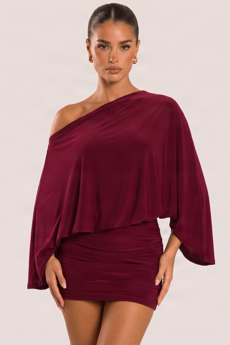 Wine Asymmetric Batwing Mini Dress - Neema
