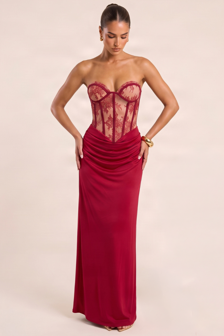 Wine Corset Bandeau Lace Detail Maxi Dress - Andie