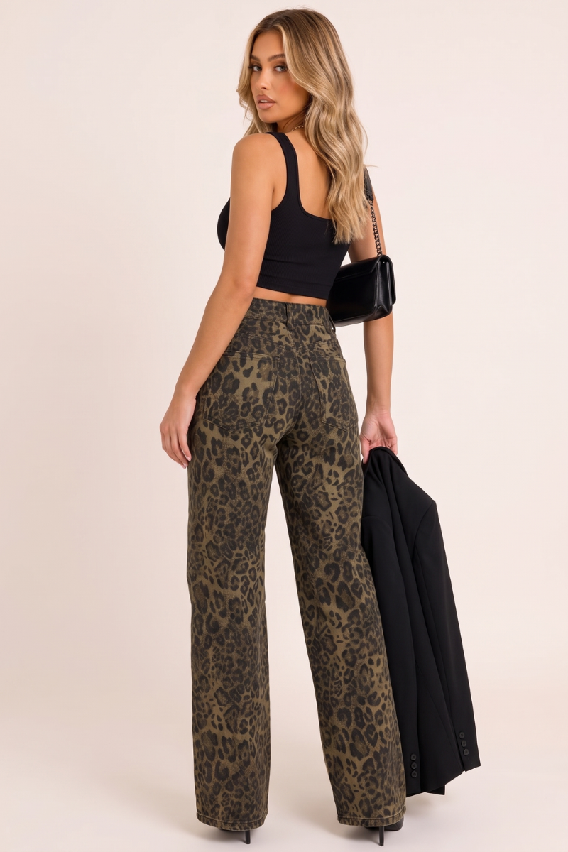 Brown Leopard Print Wide Leg Denim Jeans - Zendaya