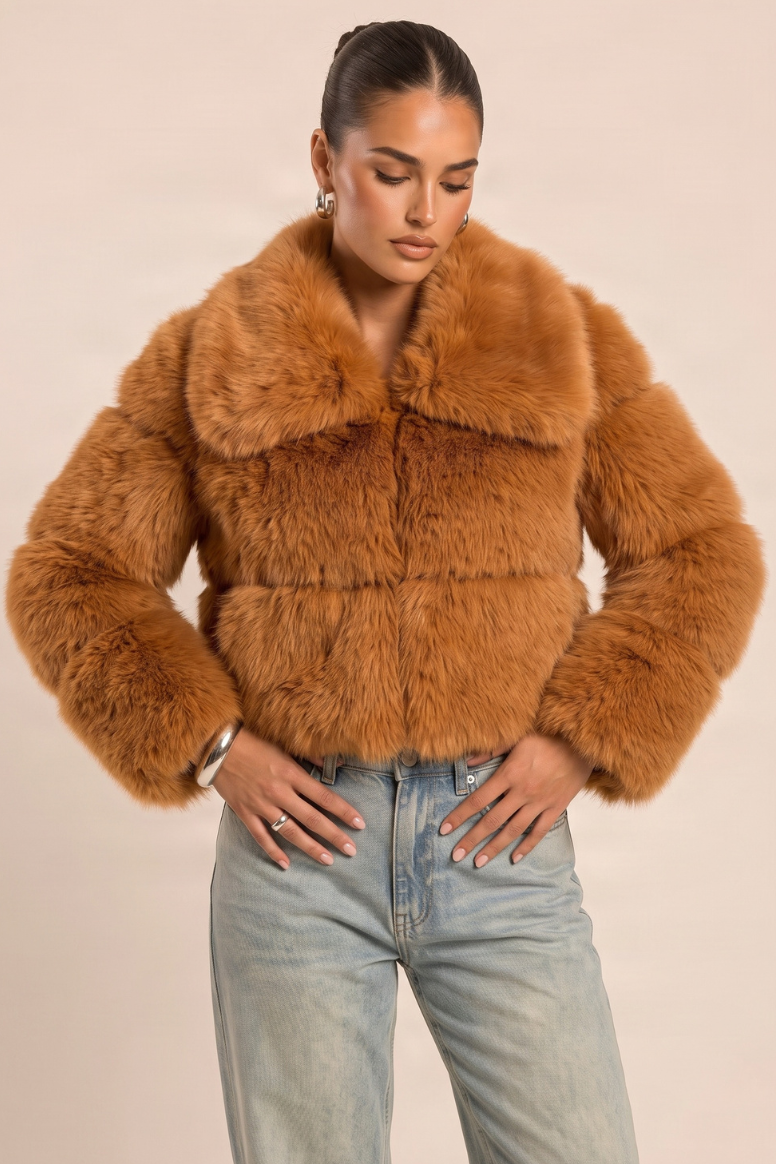 Rust Cropped Collar Faux Fur Coat - Bellah