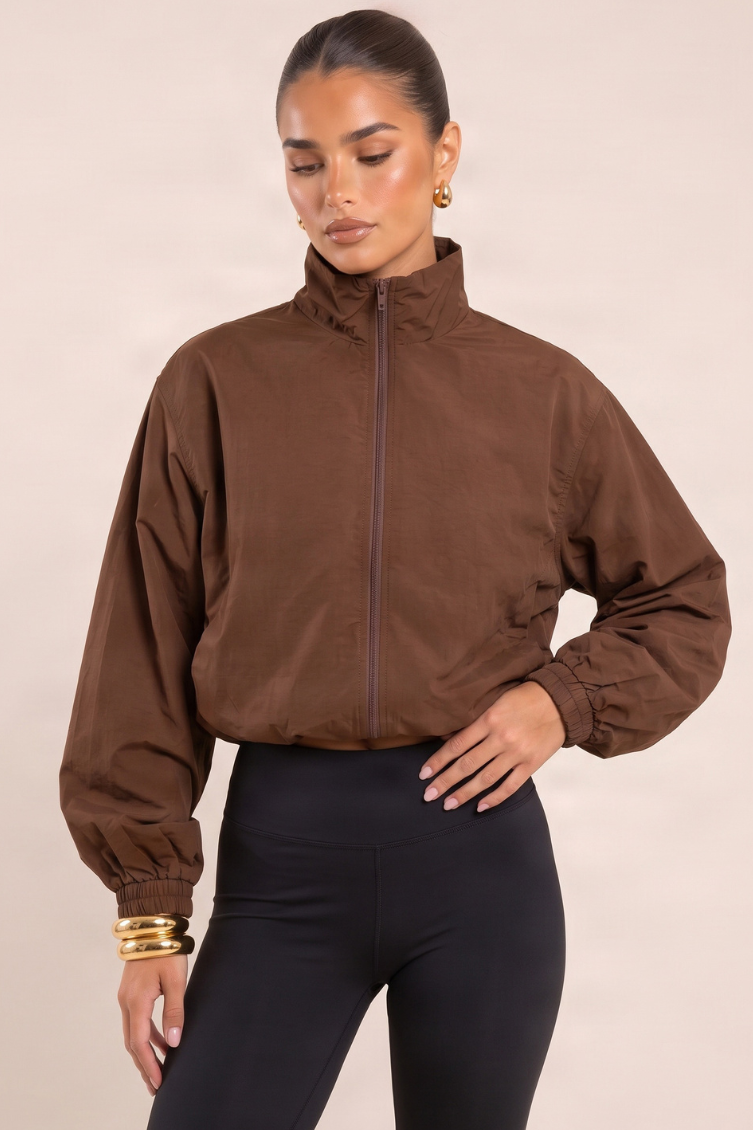 Chocolate Funnel Neck Toggle Hem Shell Track Jacket - Emelda