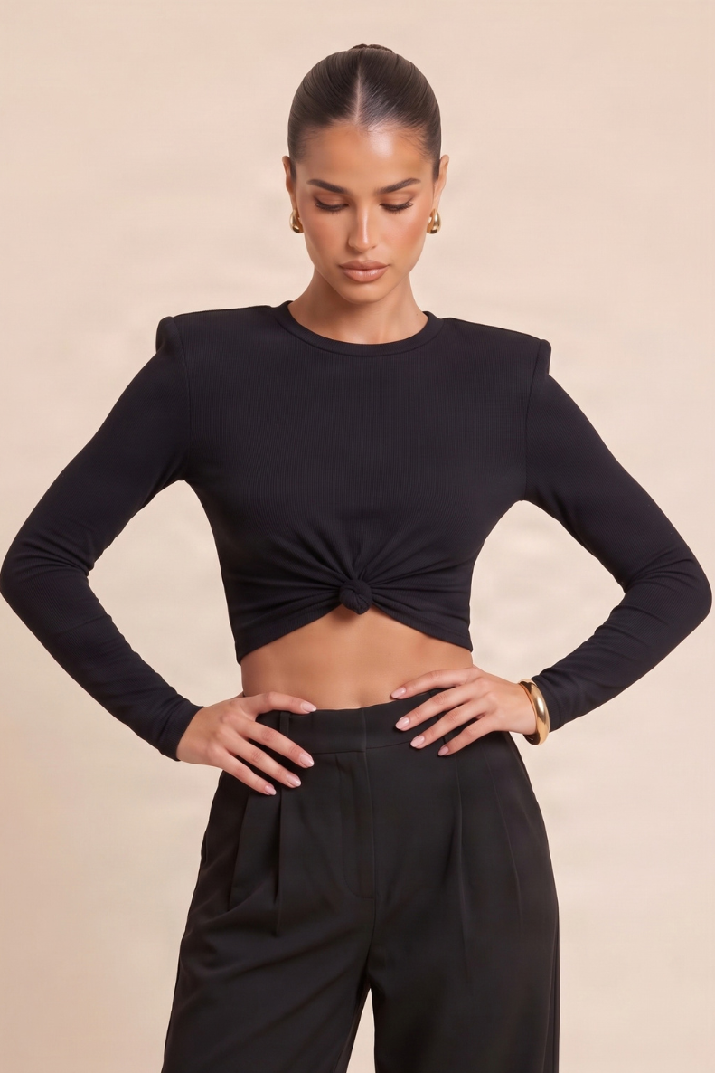 Black Shoulder Pad Knot Front Long Sleeve T-shirt - Jayleen