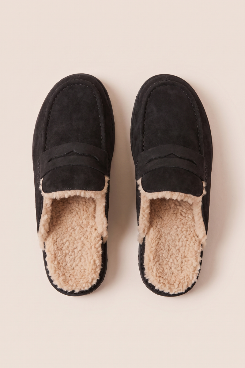 Black Faux Suede Faux Fur Lined Loafer Mules - Brynn