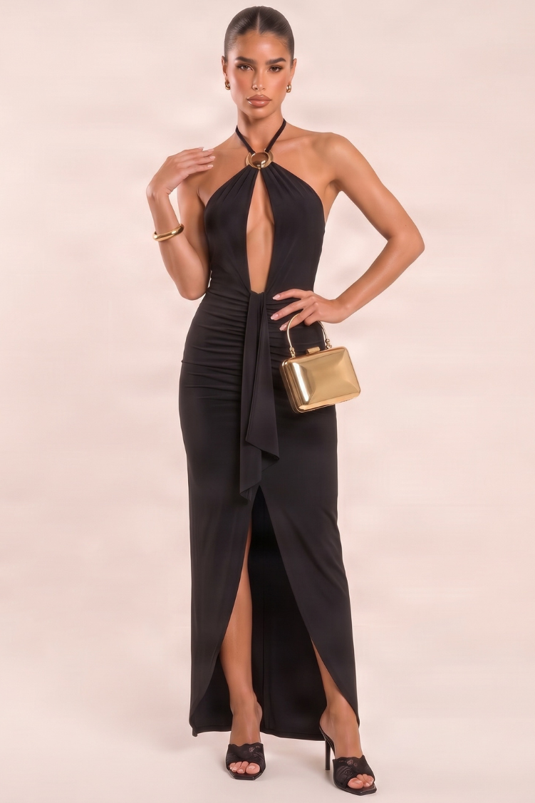 Black Trim Detail Halterneck Split Maxi Dress - Tara