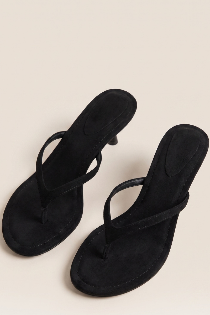 Black Faux Suede Thong Strap Kitten Heel Mule - Waverly