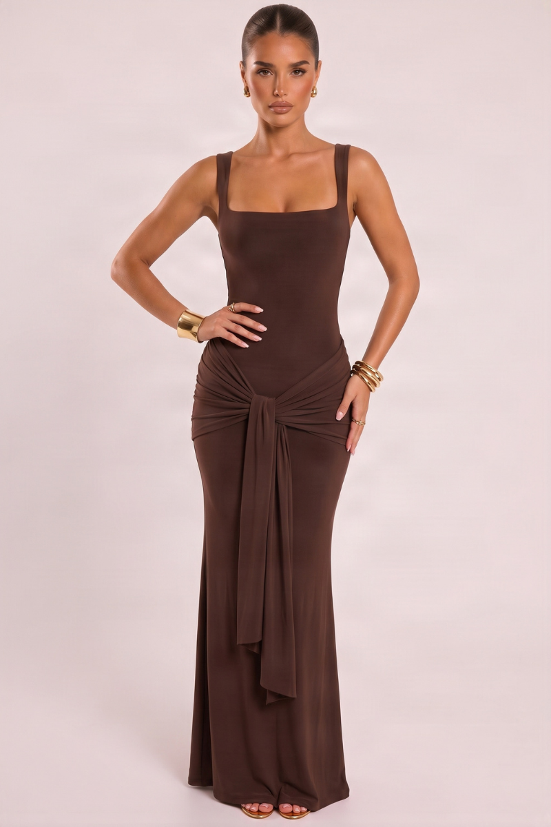 Chocolate Square Neck Tie Front Maxi Dress - Lima