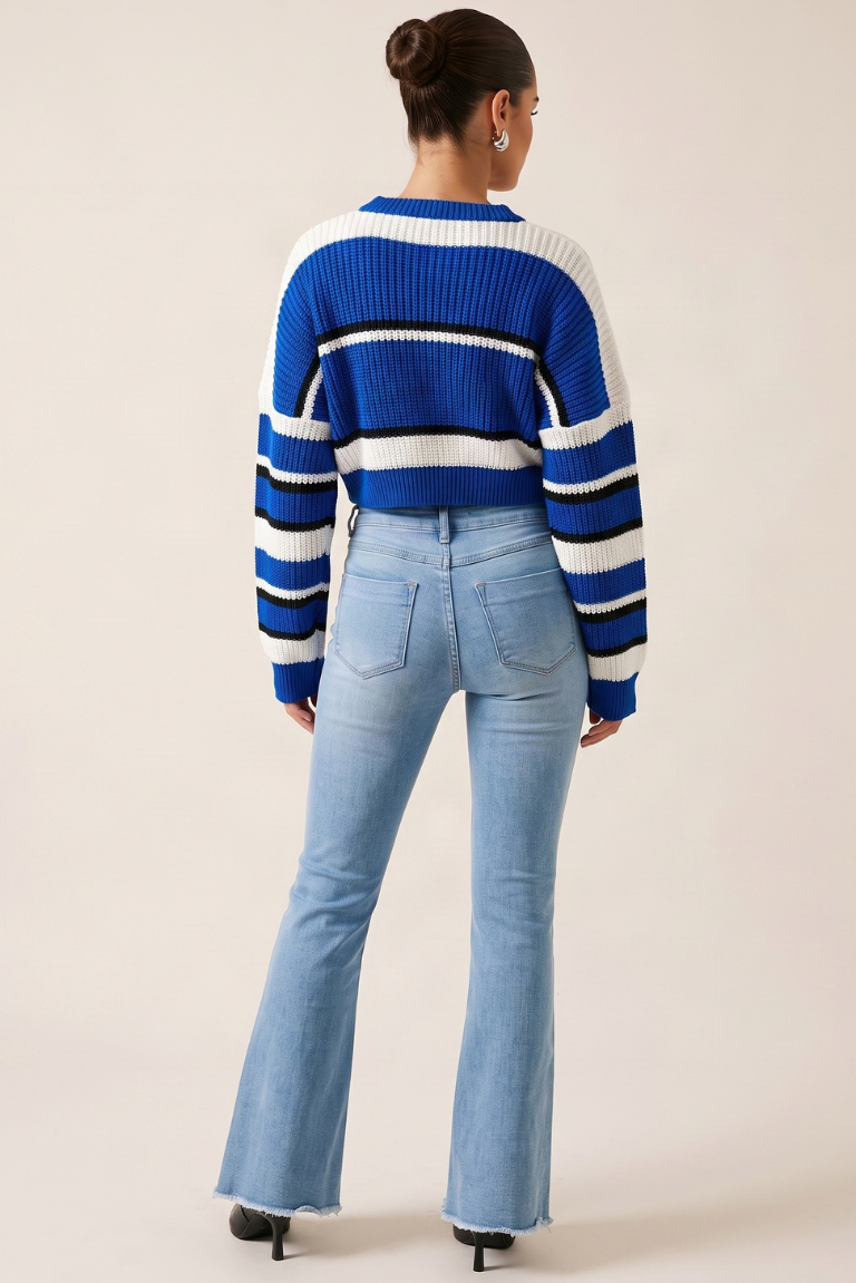 Light Blue Stretch Denim Frayed Hem Flare Leg Jeans - Carys