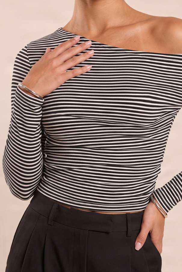 Black Stripe Off Shoulder Long Sleeve Top - Devri